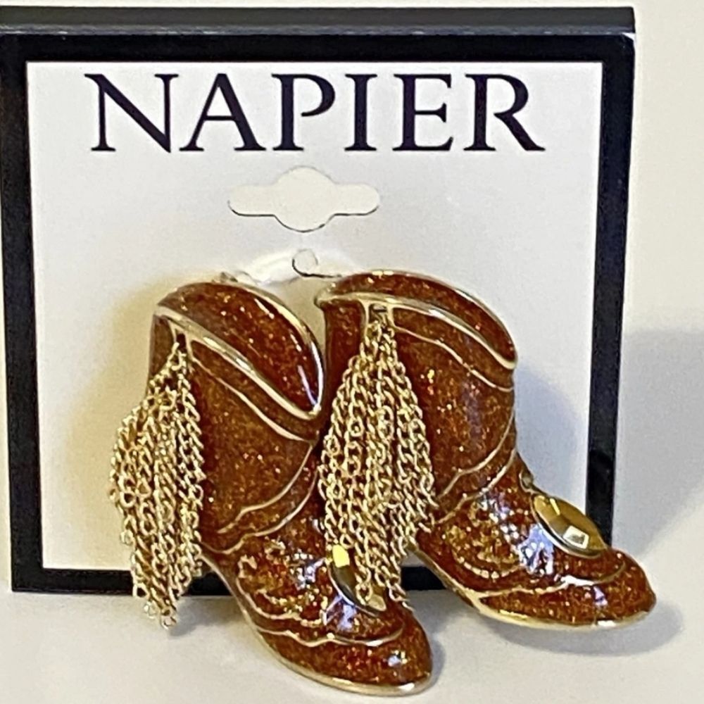 Napier Brown and Gold Cowboy Boot Brooch
